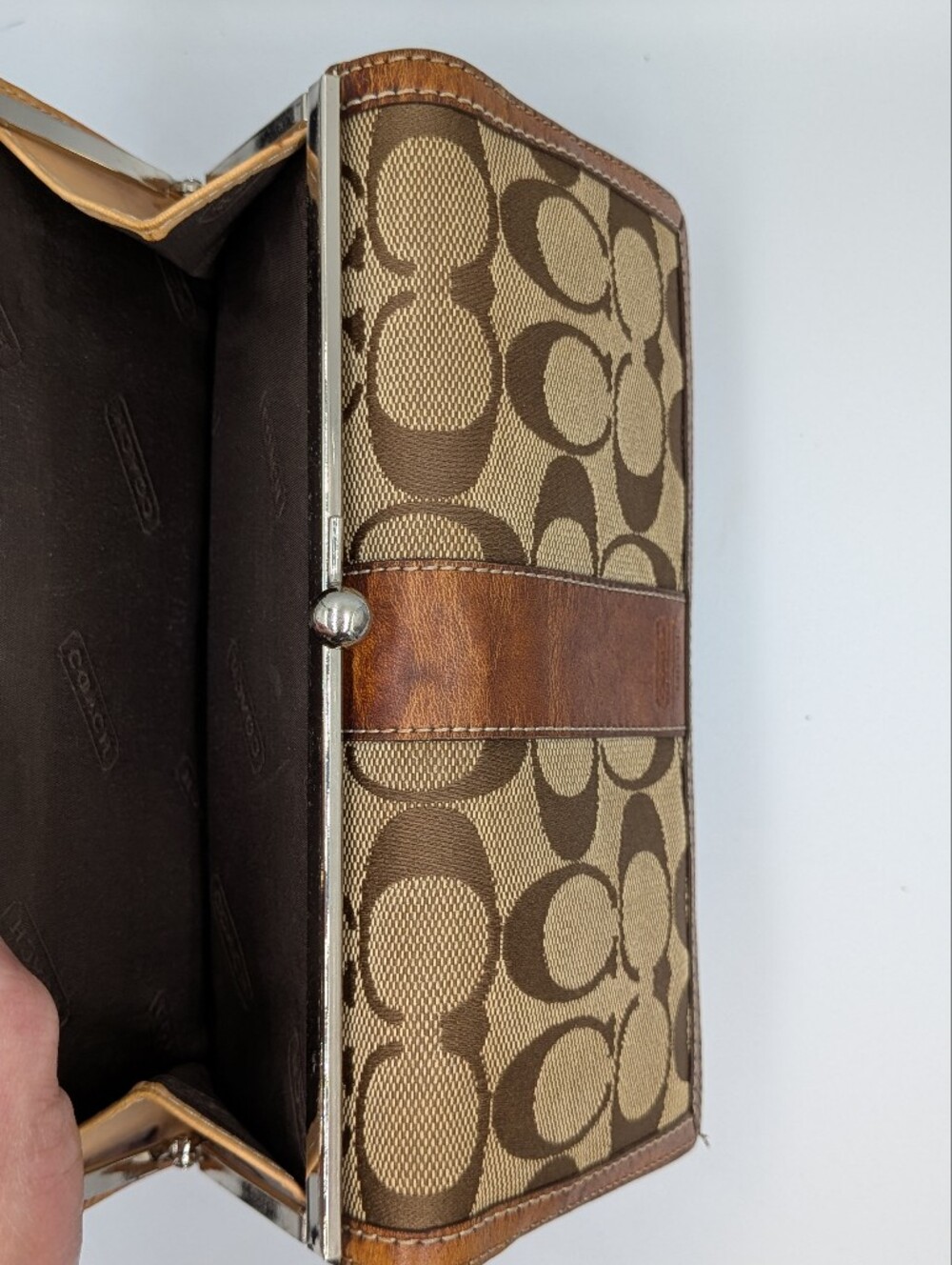 Coach Vintage Signature Kisslock Wallet Khaki Canvas Brown Leather Leatherware - Picture 6 of 16